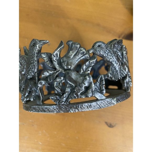 Vintage Pewter Metal Candle Jar Holder Stand Hummingbirds Hibiscus Flowers - Picture 4 of 9